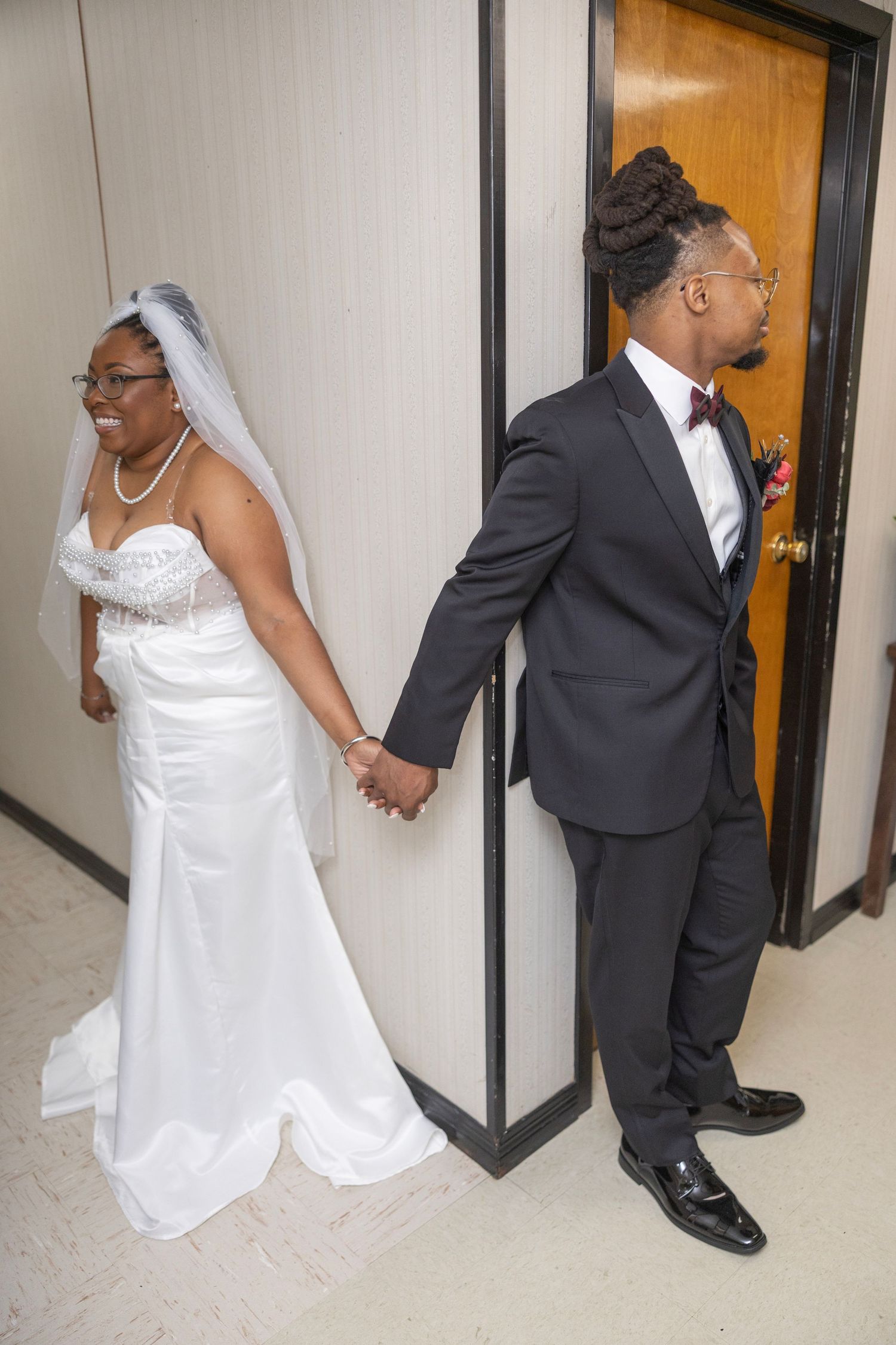 A series of wedding photos showing a couple in formal attire peeking through a doorway in a playful first look moment.