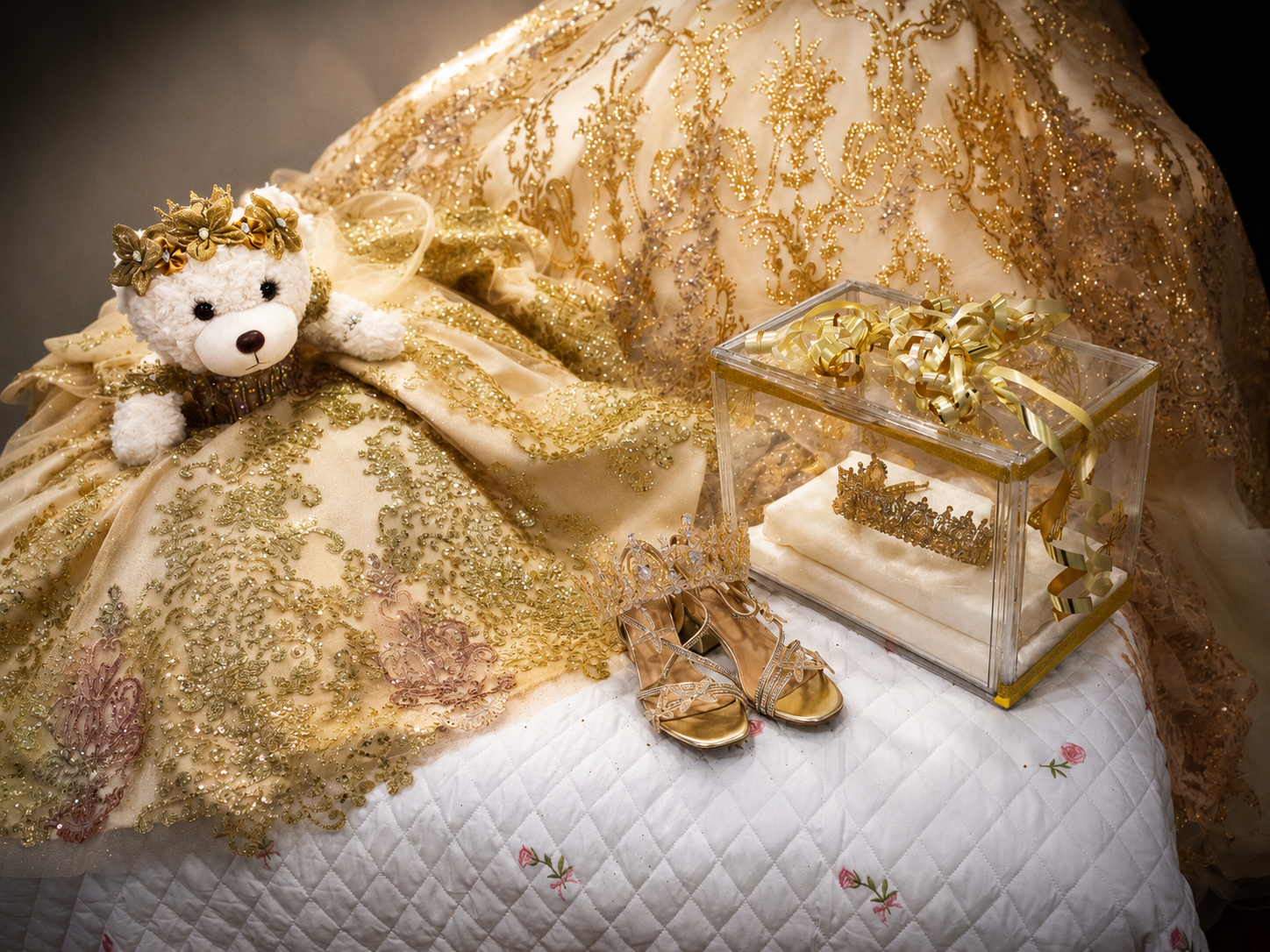 Gold embroidered gown with teddy bear, heels, and decorative box on quilted white surface.