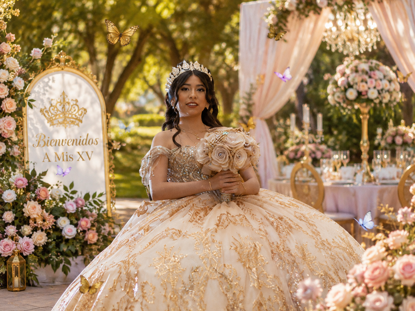 Young woman in gold quinceañera ball gown with tiara poses outdoors at elegant Bienvenidos A Mis XV celebration.