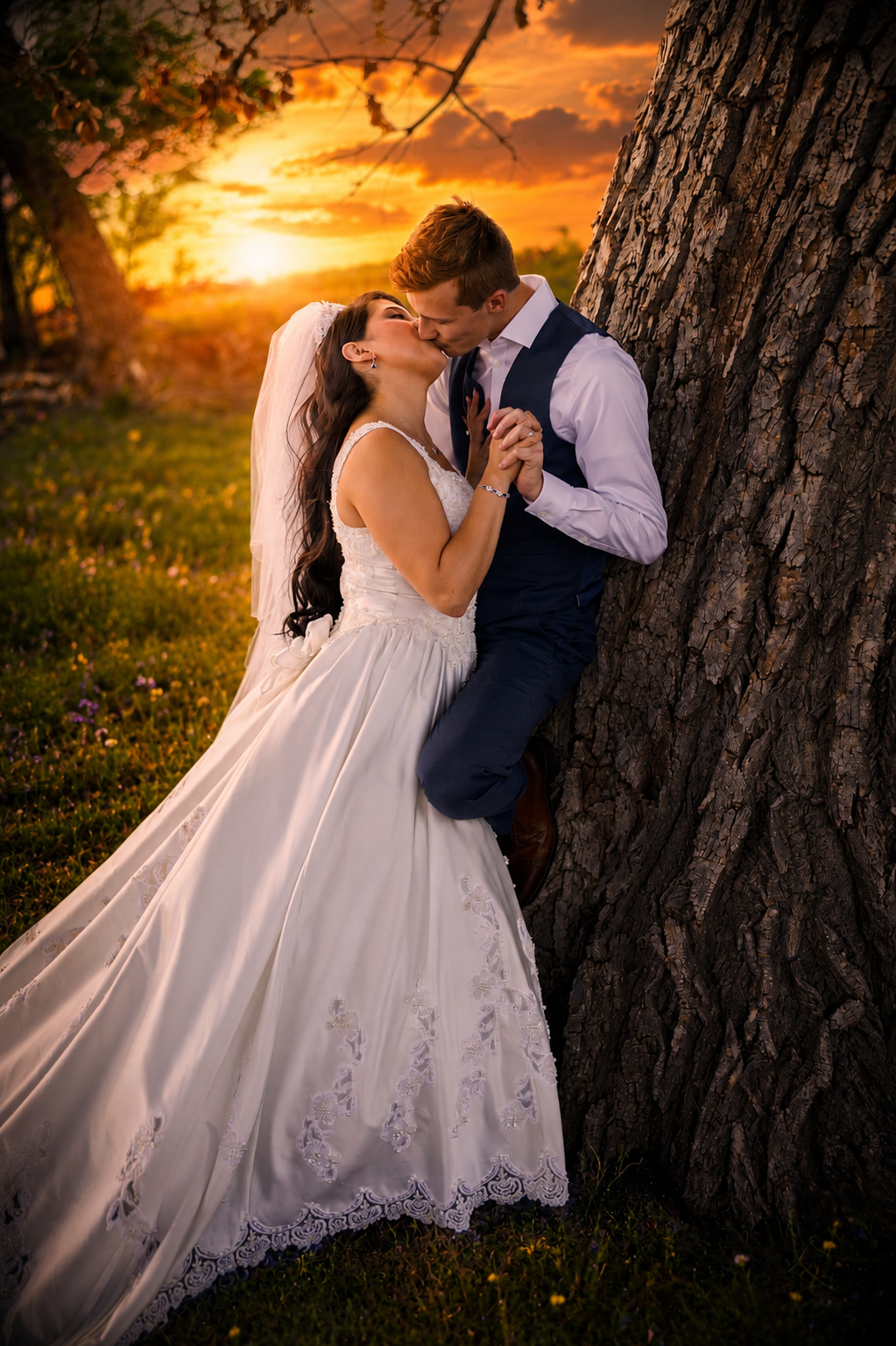 Bride and groom sharing a romantic kiss near a tree at golden sunset, bride in white lace gown holding hands with groom.