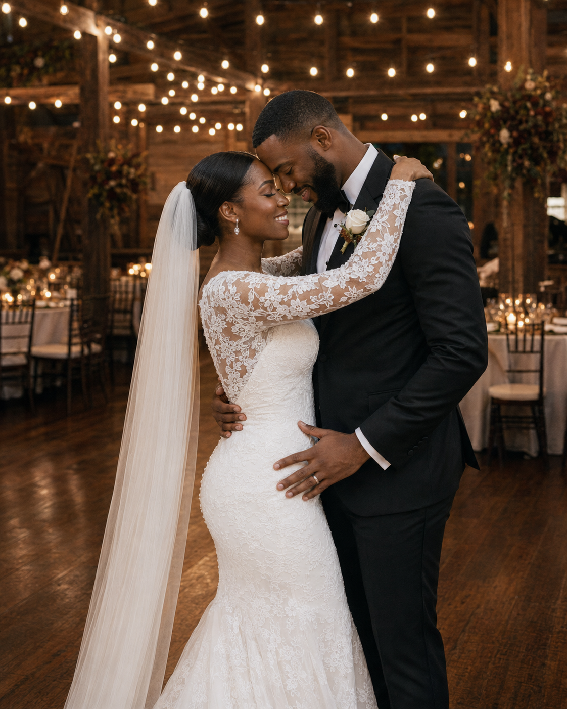 A bride and groom share a romantic embrace on the dance floor at an elegant barn wedding reception with string lights.