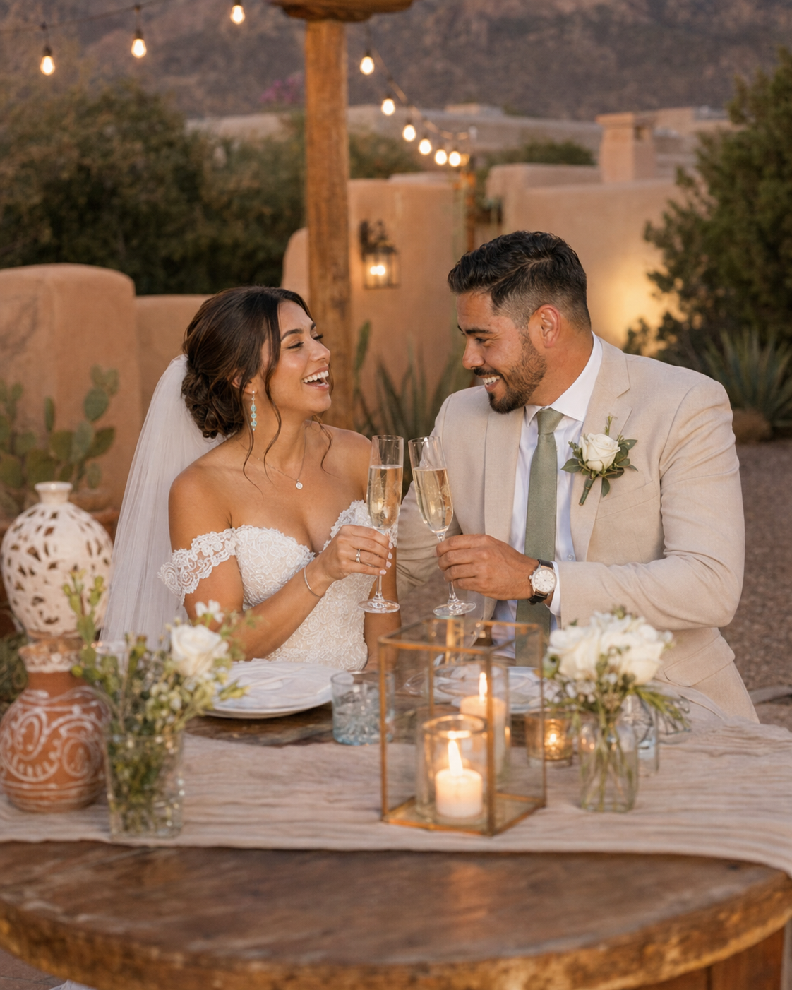 A bride and groom share a champagne toast at a candlelit outdoor wedding reception table adorned with white floral arrangements.