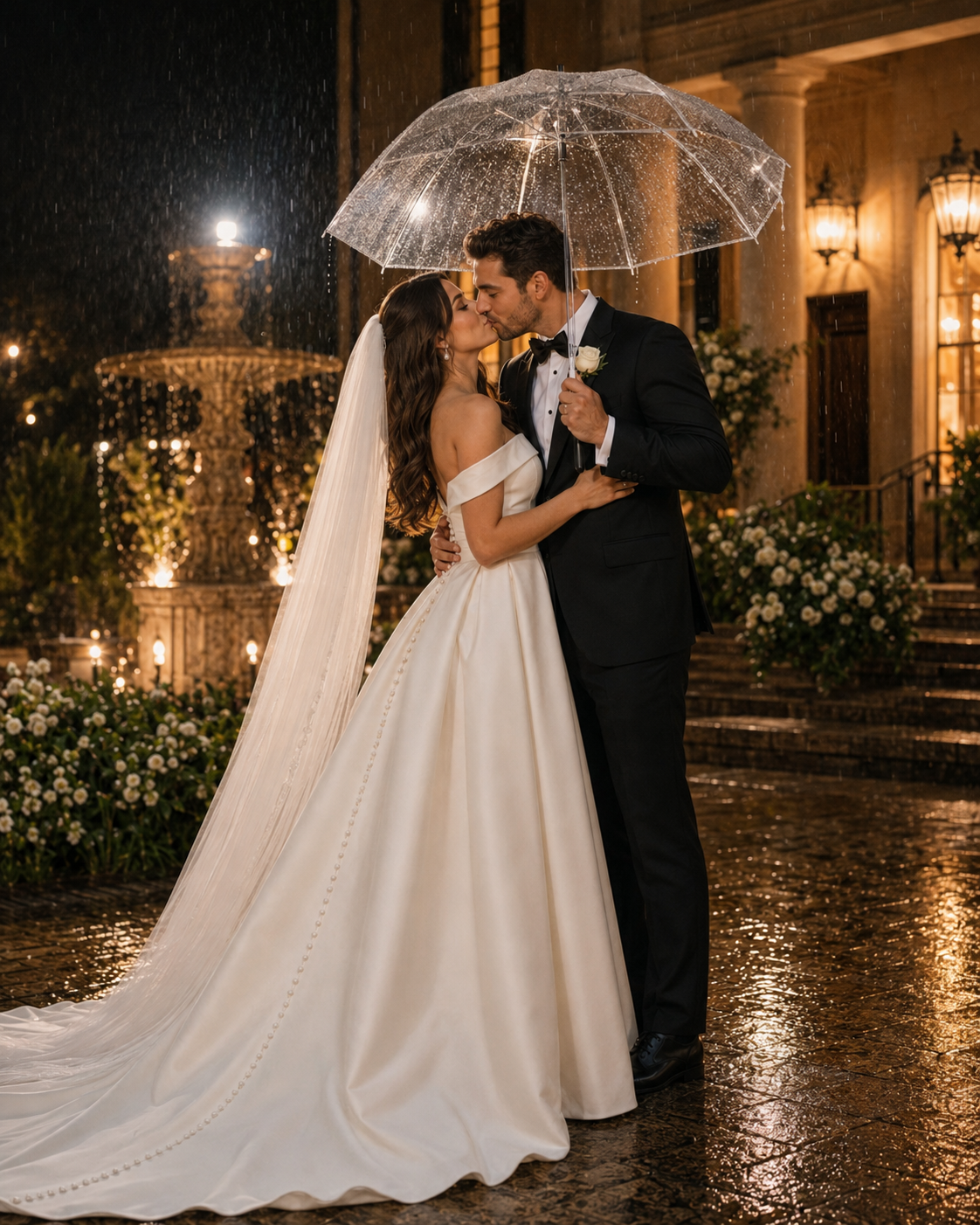 A bride and groom share a romantic kiss under a clear umbrella in the rain at their elegant outdoor wedding venue at night.