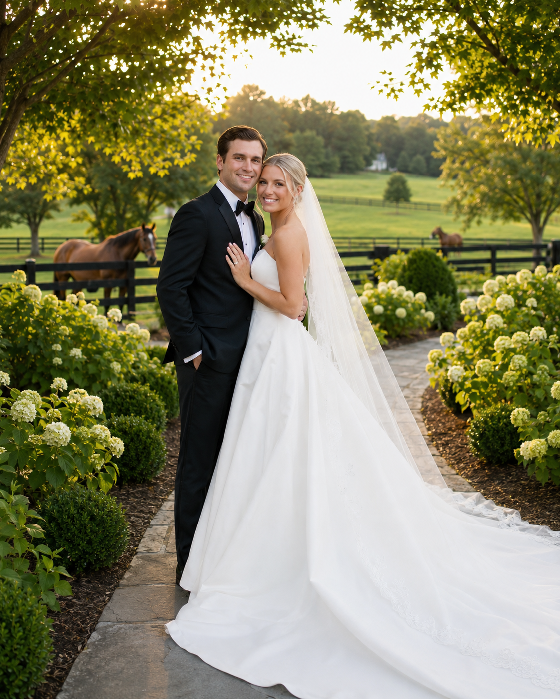 Bride and groom pose in a lush garden pathway at golden hour, with horses and green fields in the background.