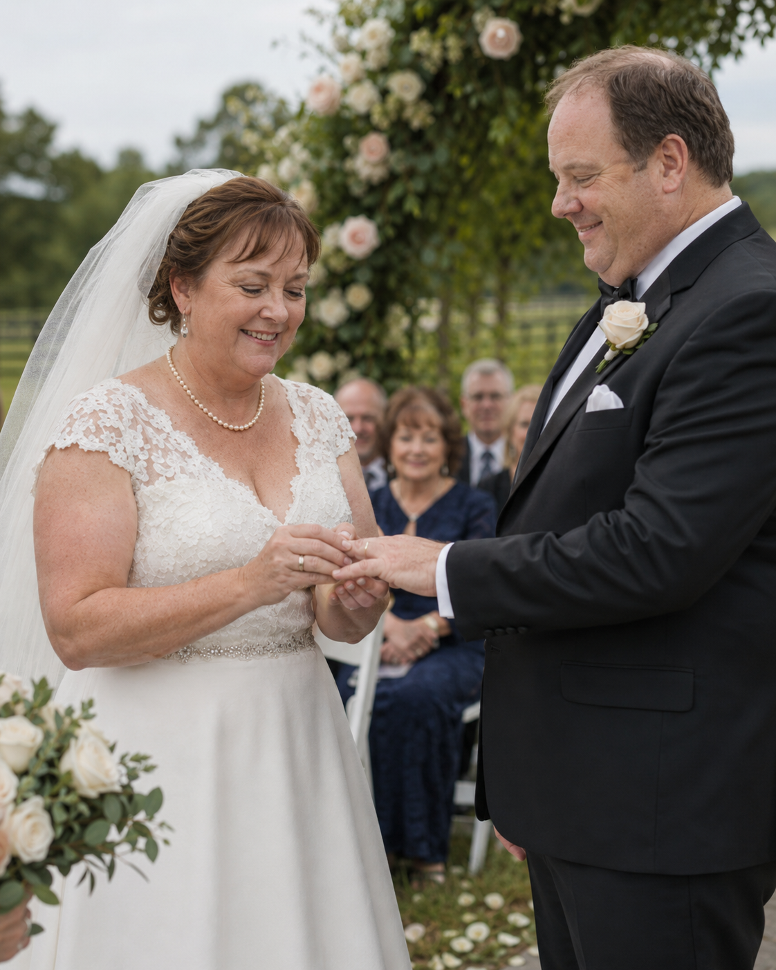 Bride places wedding ring on grooms finger while smiling during outdoor ceremony beneath floral arch.