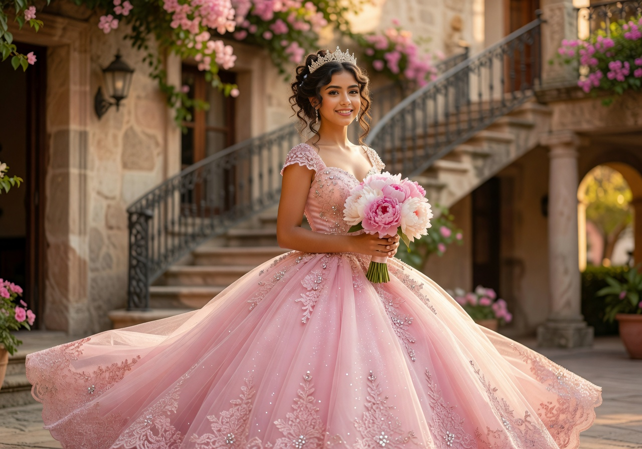 Young woman in pink quinceañera ball gown with lace details holds bouquet on stone staircase.