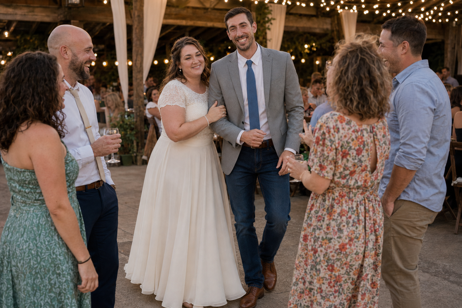 Wedding guests mingle and chat in a rustic barn venue with string lights overhead.