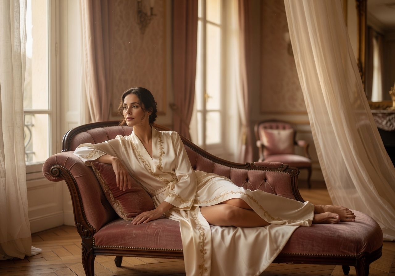 Woman in silk robe lounging elegantly on a vintage chaise in a luxurious French-style interior.