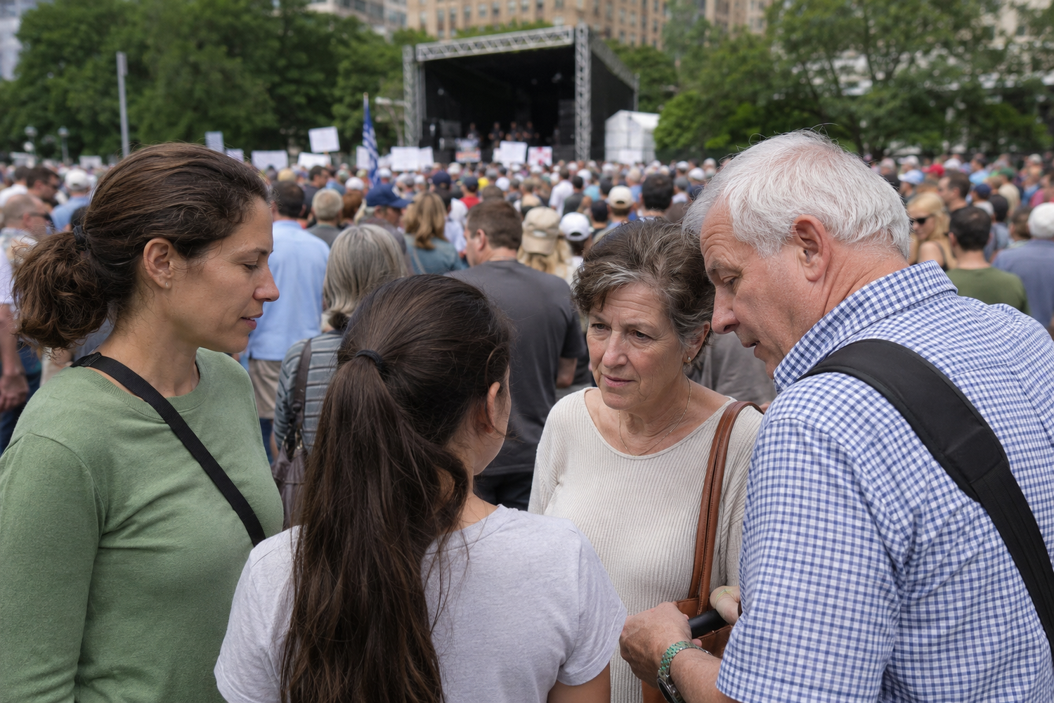 Small group of people conversing at a large outdoor public rally with crowd in background.
