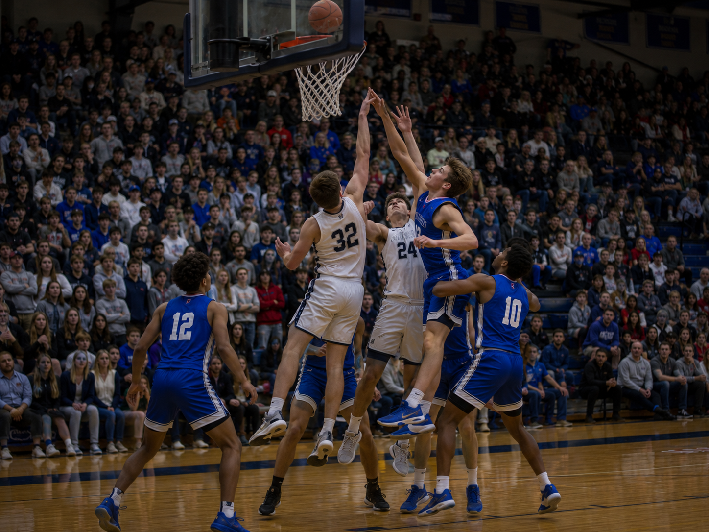 College basketball players battle for a rebound under the hoop during an intense game before a packed crowd.