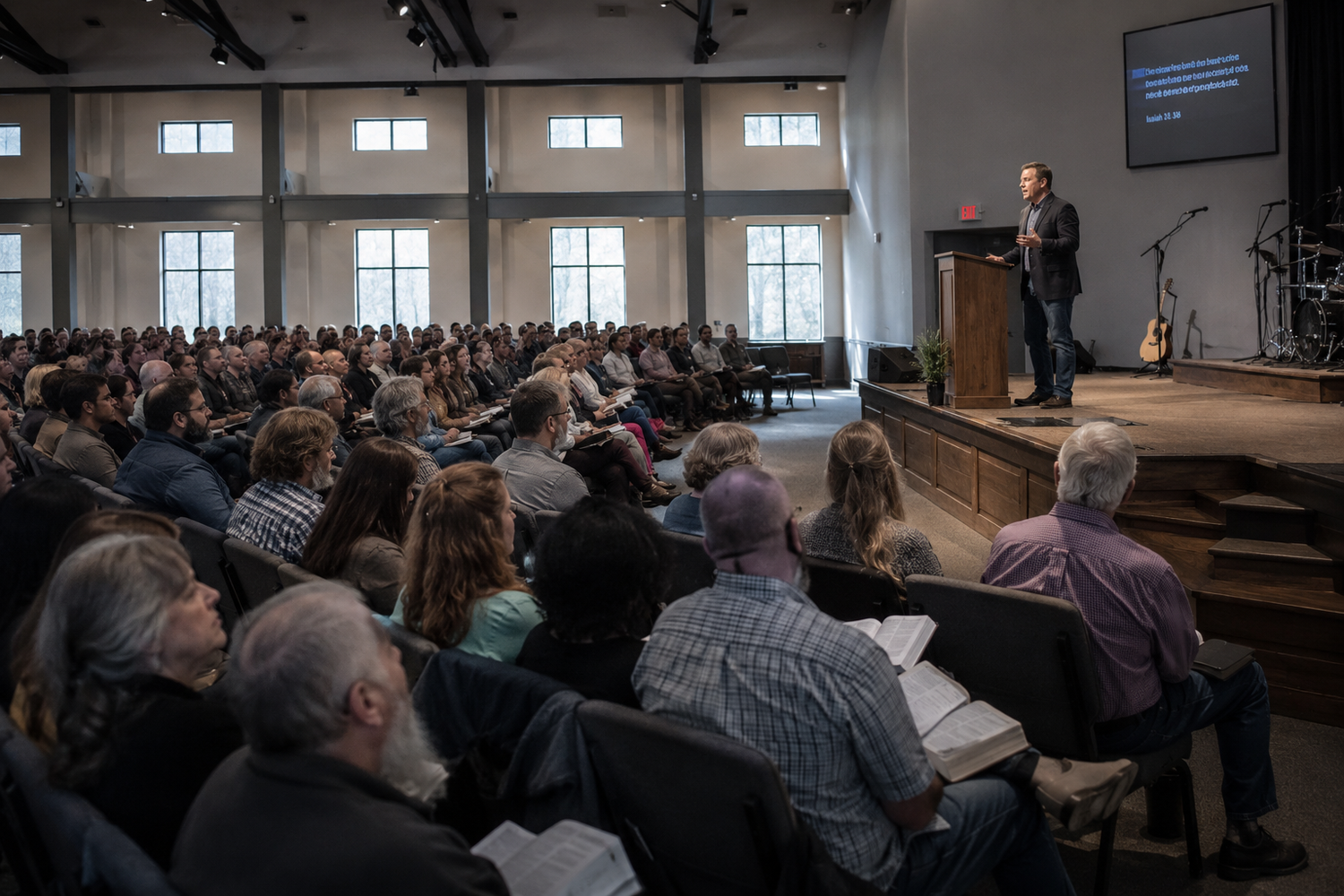 Speaker addresses a large congregation in a modern church hall with high windows and rows of attentive seated attendees.