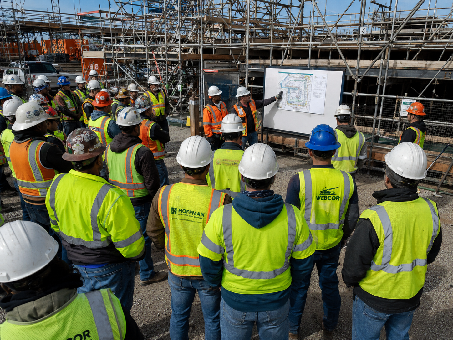 Construction workers in yellow safety vests attend an outdoor job site safety briefing near scaffolding.
