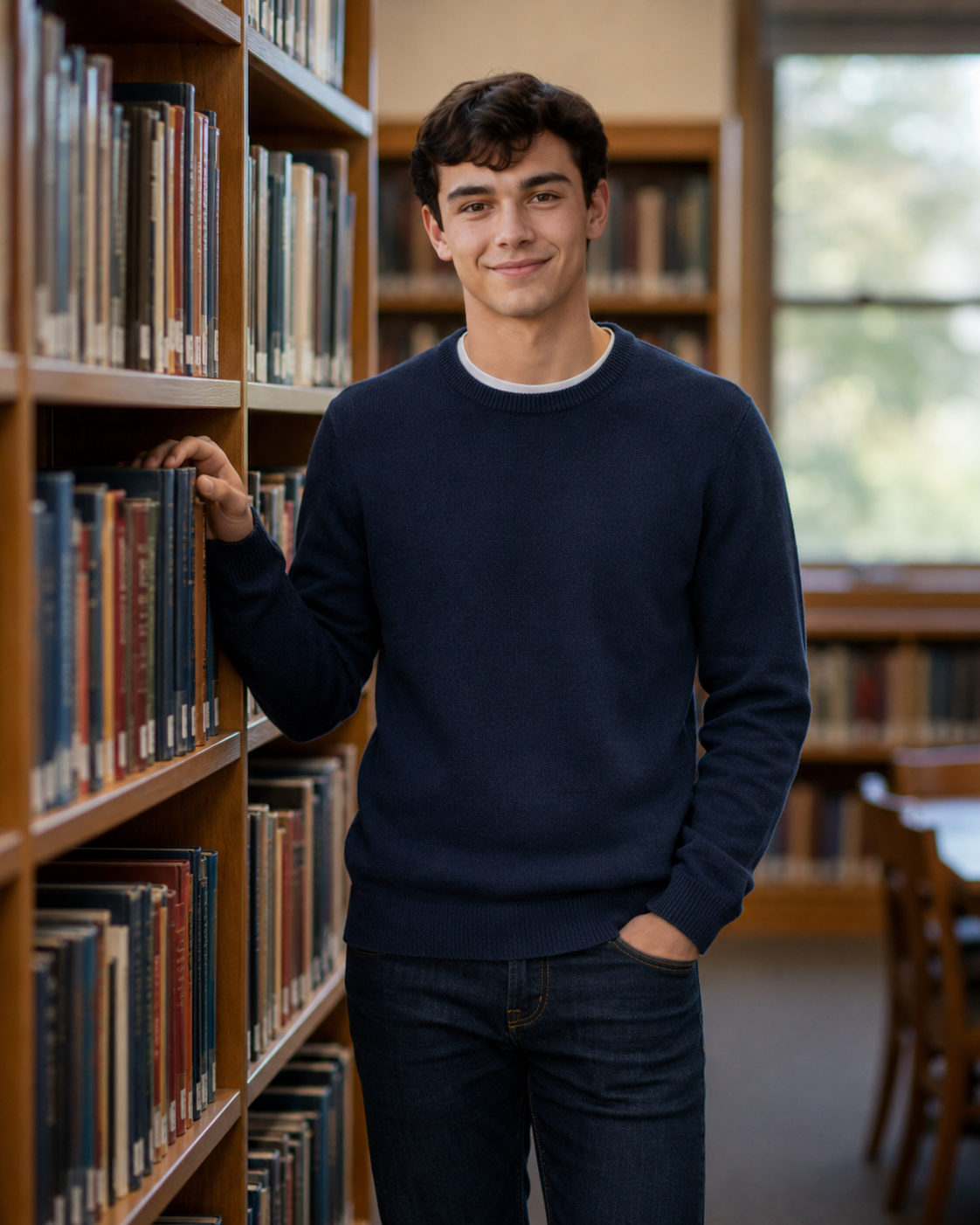 Smiling teenage boy in navy sweater leaning on bookshelf in library for senior portrait photo.