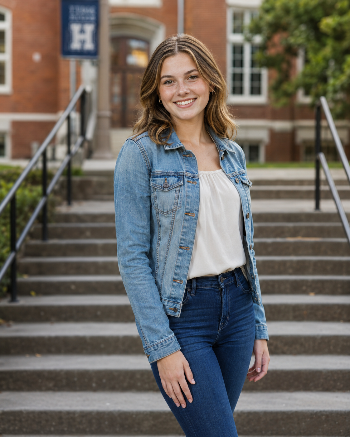 Smiling young woman in denim jacket and jeans posing on college campus steps with brick building background.