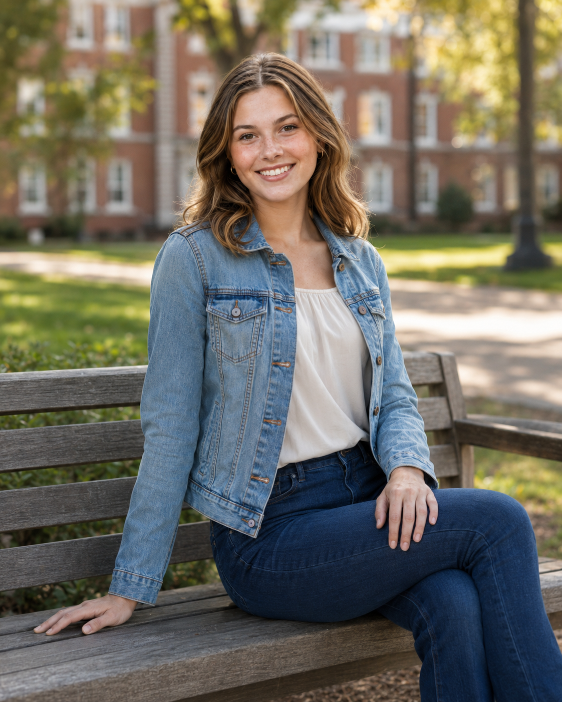 Smiling young woman in denim jacket sitting on a bench on a college campus.