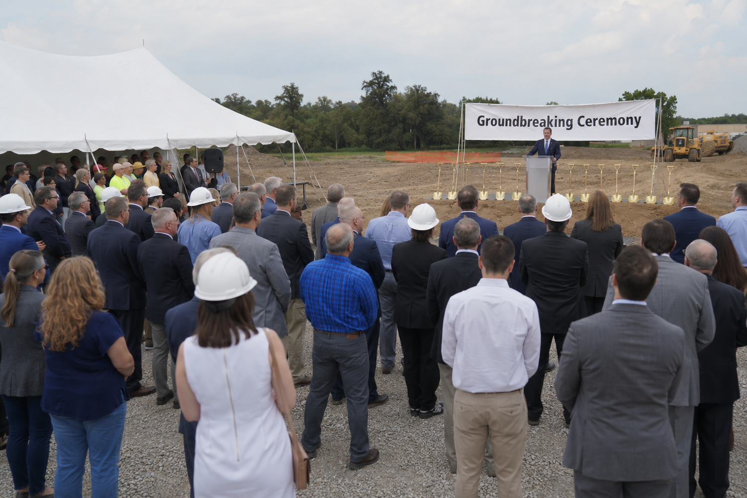 Crowd gathered at an outdoor groundbreaking ceremony with a speaker at podium and white tent on a sunny day.