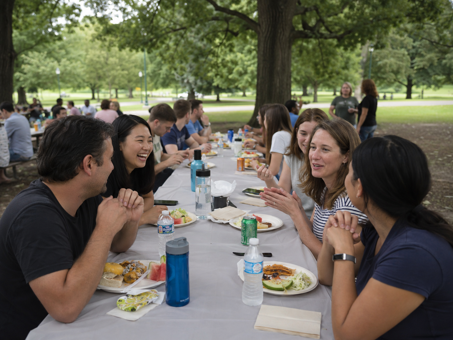 Group of colleagues enjoying an outdoor summer picnic lunch at long tables in a shaded park setting.