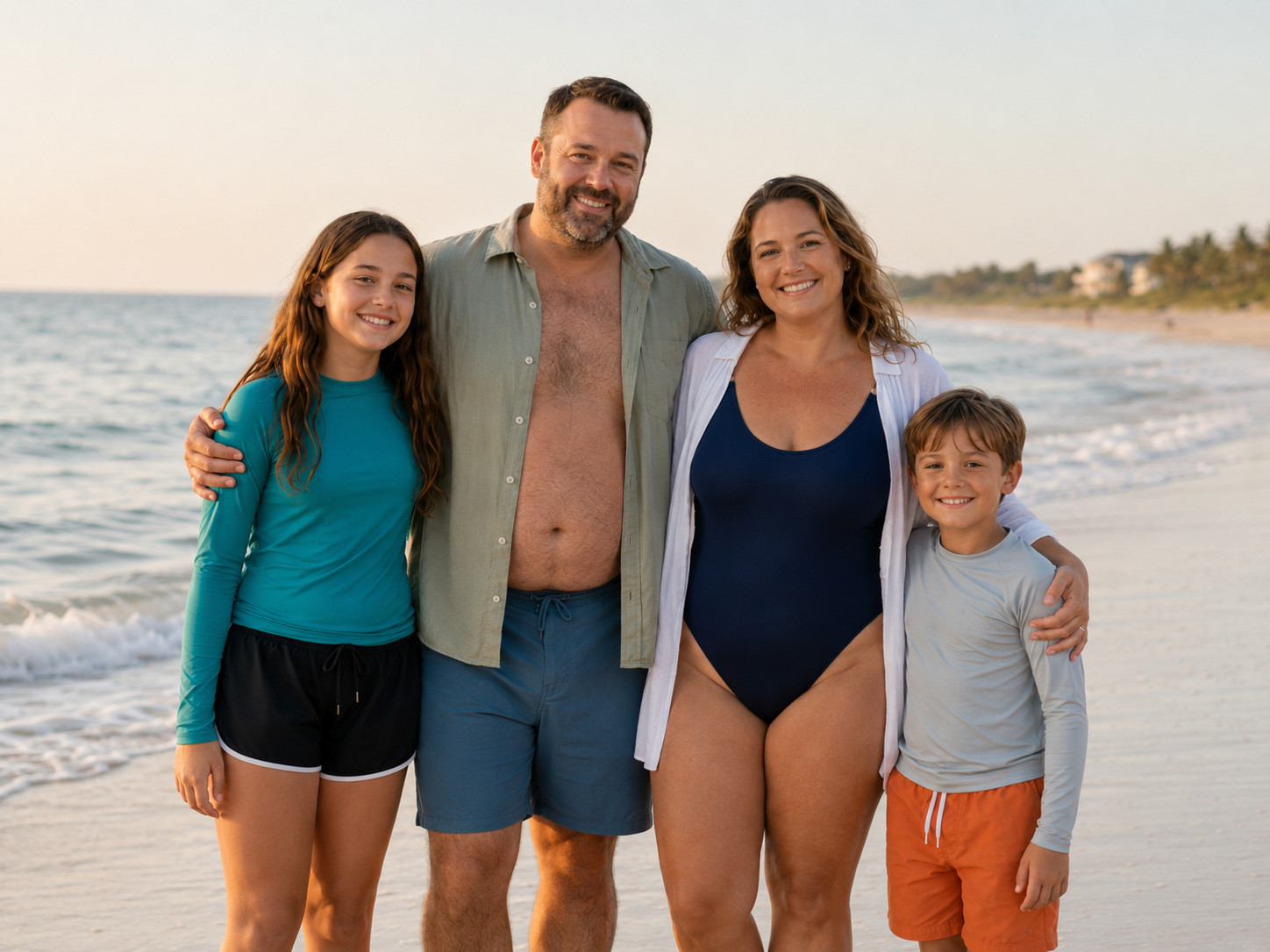 Family of four standing together smiling on sunny beach, parents with teenage daughter in teal rashguard and young son in orange shorts.