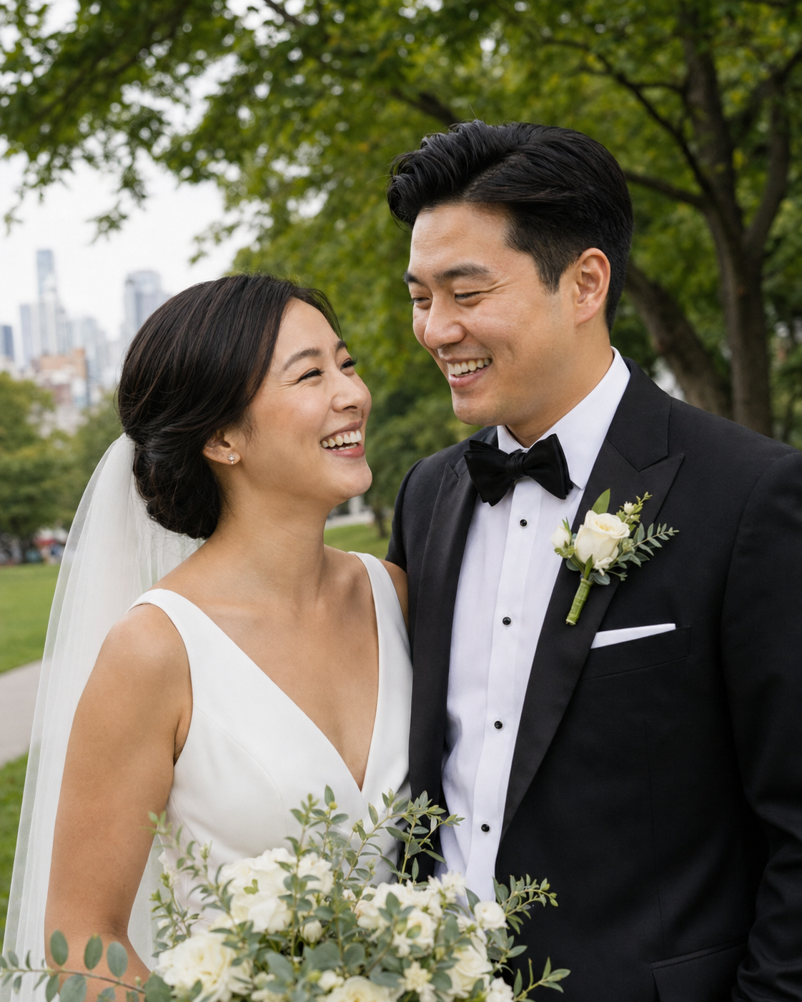 Bride and groom laughing together outdoors, bride in white gown with veil, groom in black tuxedo with boutonniere.