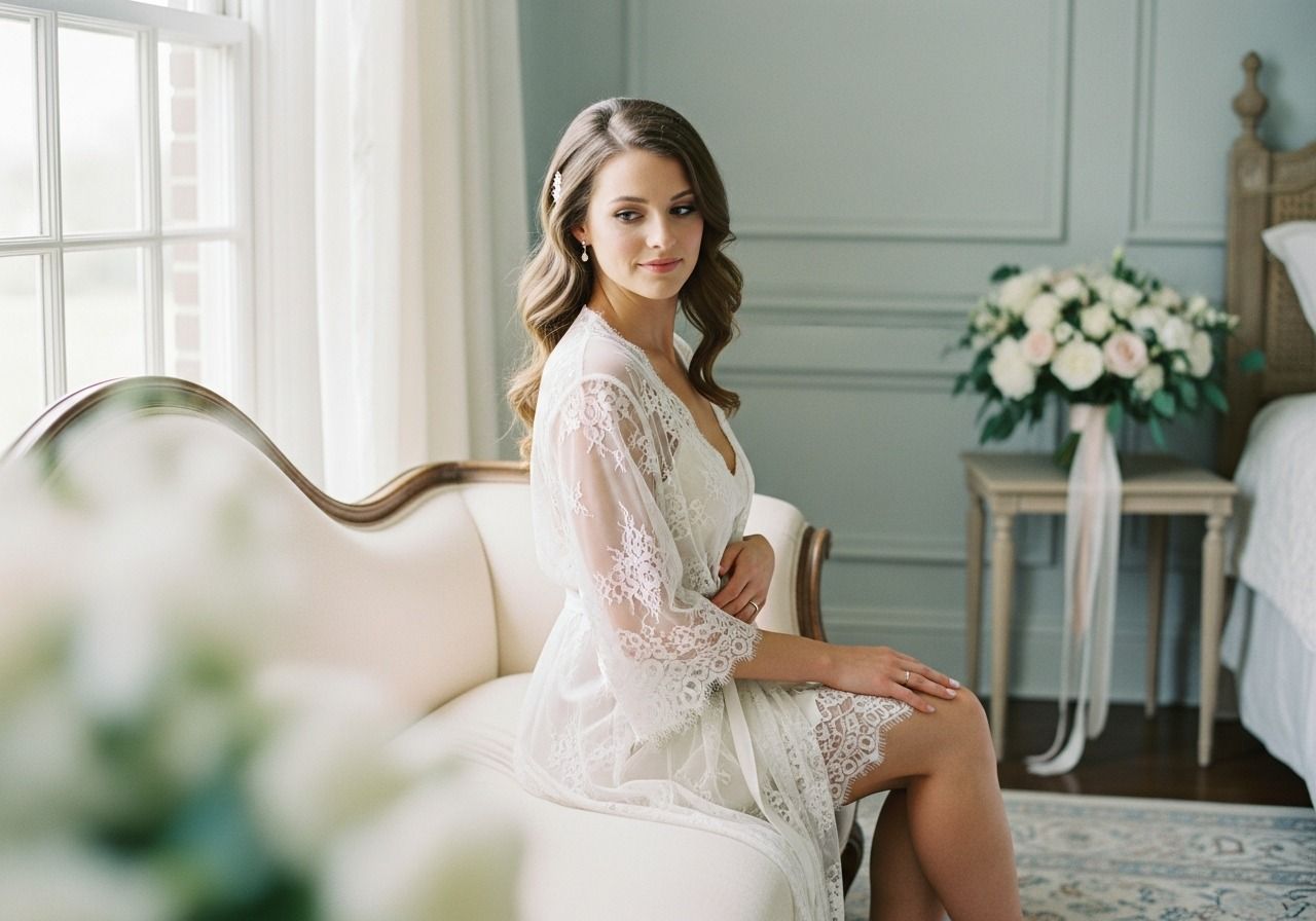 Bride in sheer lace bridal robe sits on cream sofa by window in soft blue elegant bedroom.