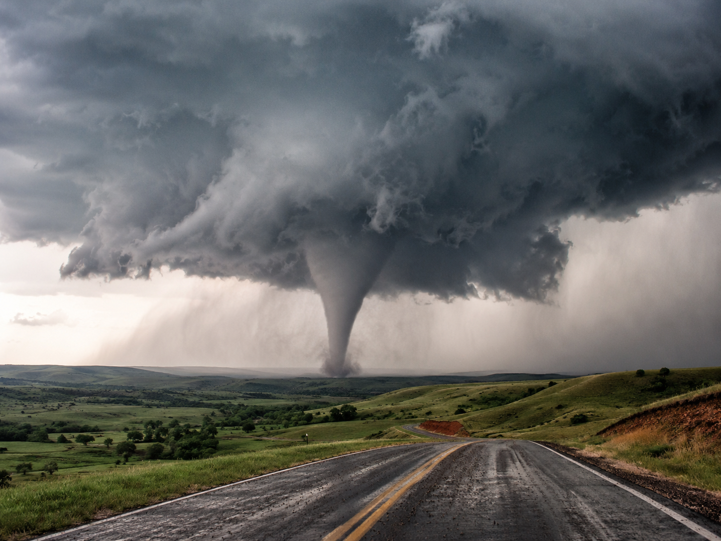 A massive tornado touches down near a rural highway under dark storm clouds in the Great Plains.