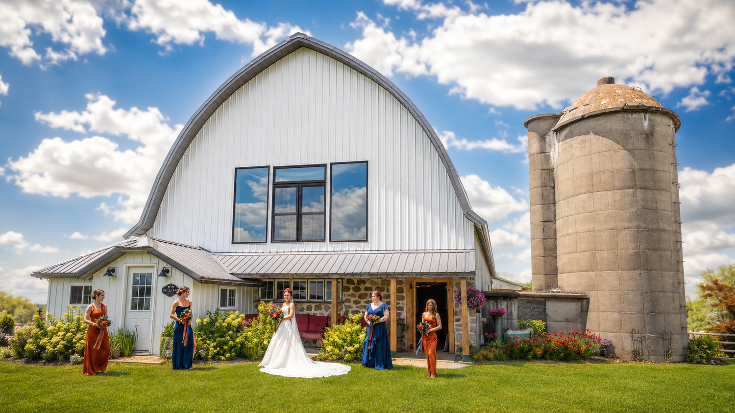 Wedding party gathered outside a white barn venue with a stone silo under a bright blue cloudy sky.