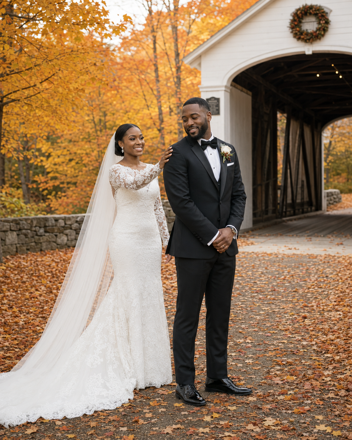 Bride in lace gown and groom in black tuxedo pose before a covered bridge surrounded by vibrant autumn foliage.