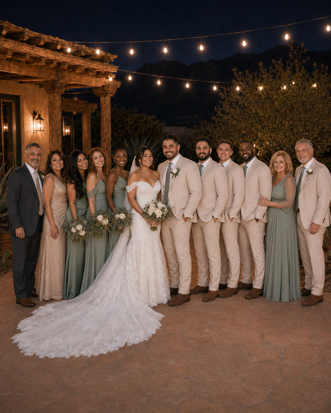 Wedding party poses outdoors at night under string lights, bride in white gown with groomsmen in tan suits and bridesmaids in sage green.