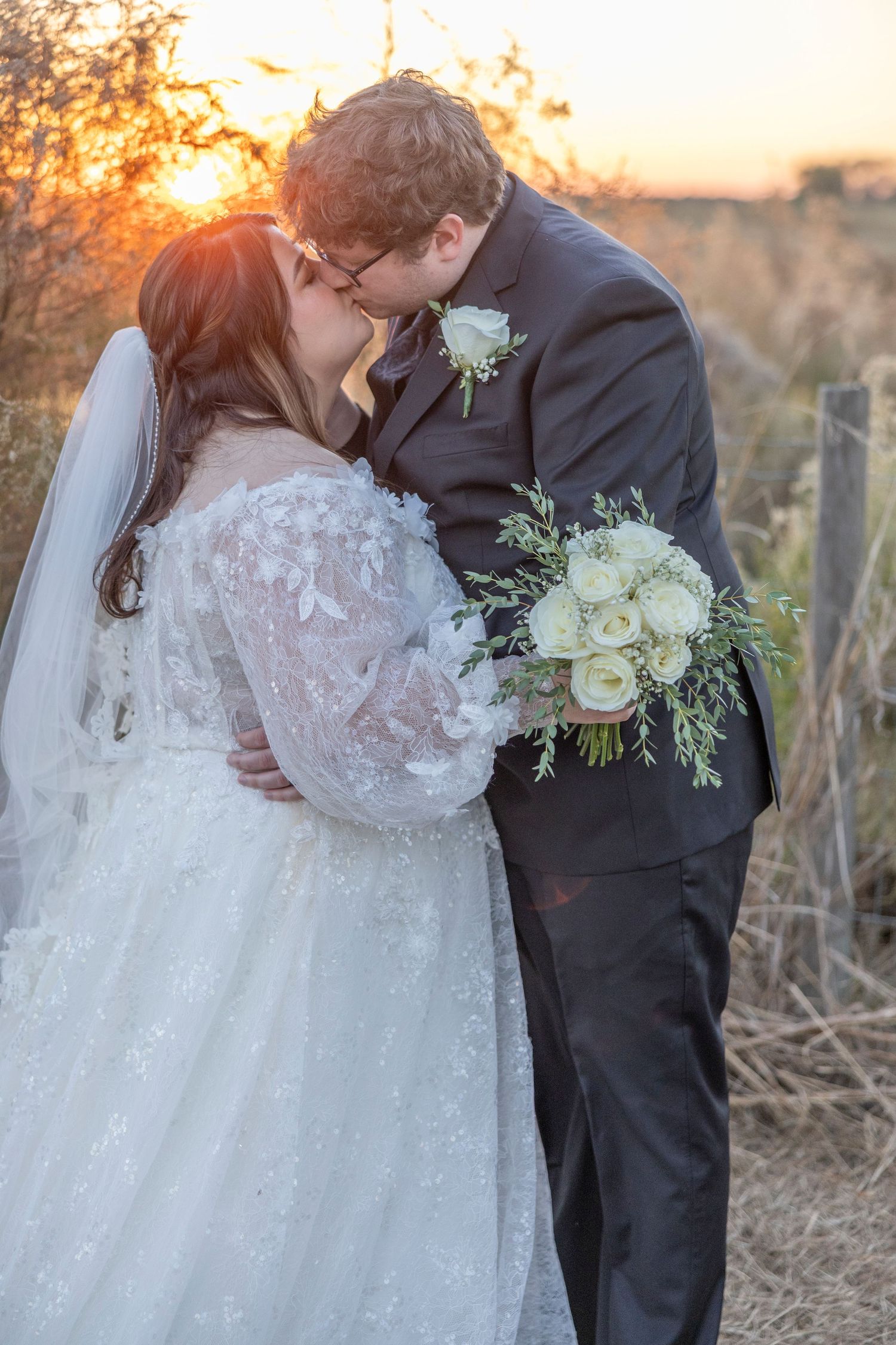 A romantic sunset wedding photo series showing a couple embracing in golden light with white floral bouquet details.