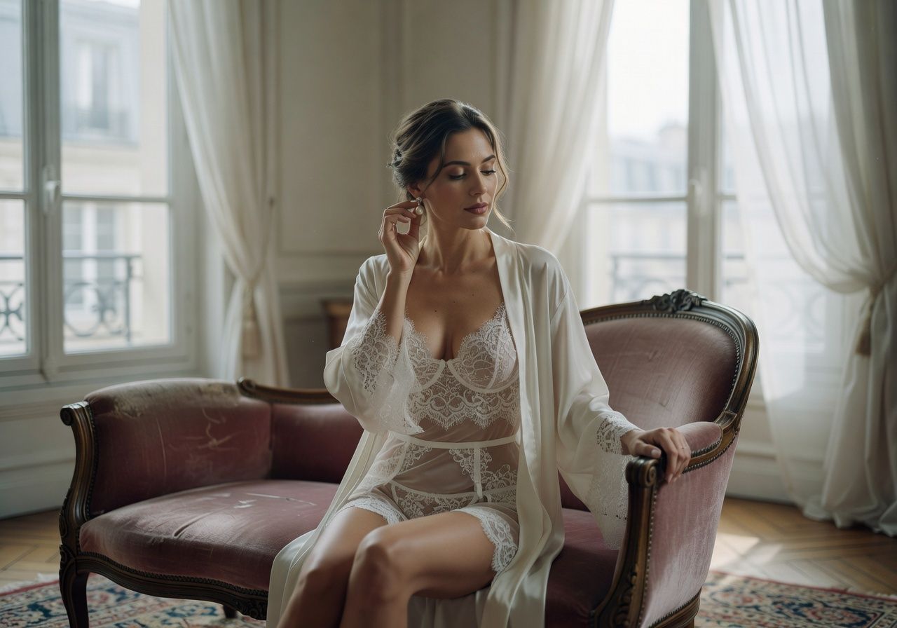 Elegant woman in white lace lingerie and sheer robe sitting in vintage armchair near bright windows.