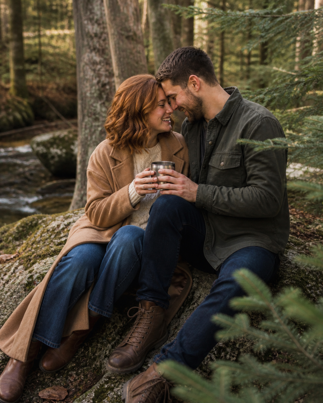 Couple sitting together in a forest, sharing a warm drink, smiling intimately amid tall trees and mossy rocks.