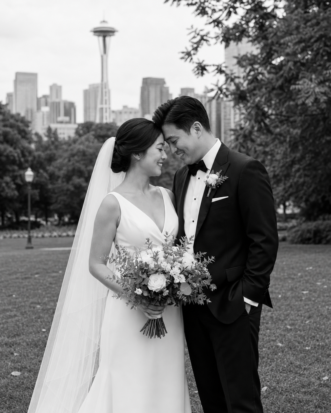 Black and white wedding photo of couple in formal attire with Seattle Space Needle skyline backdrop.