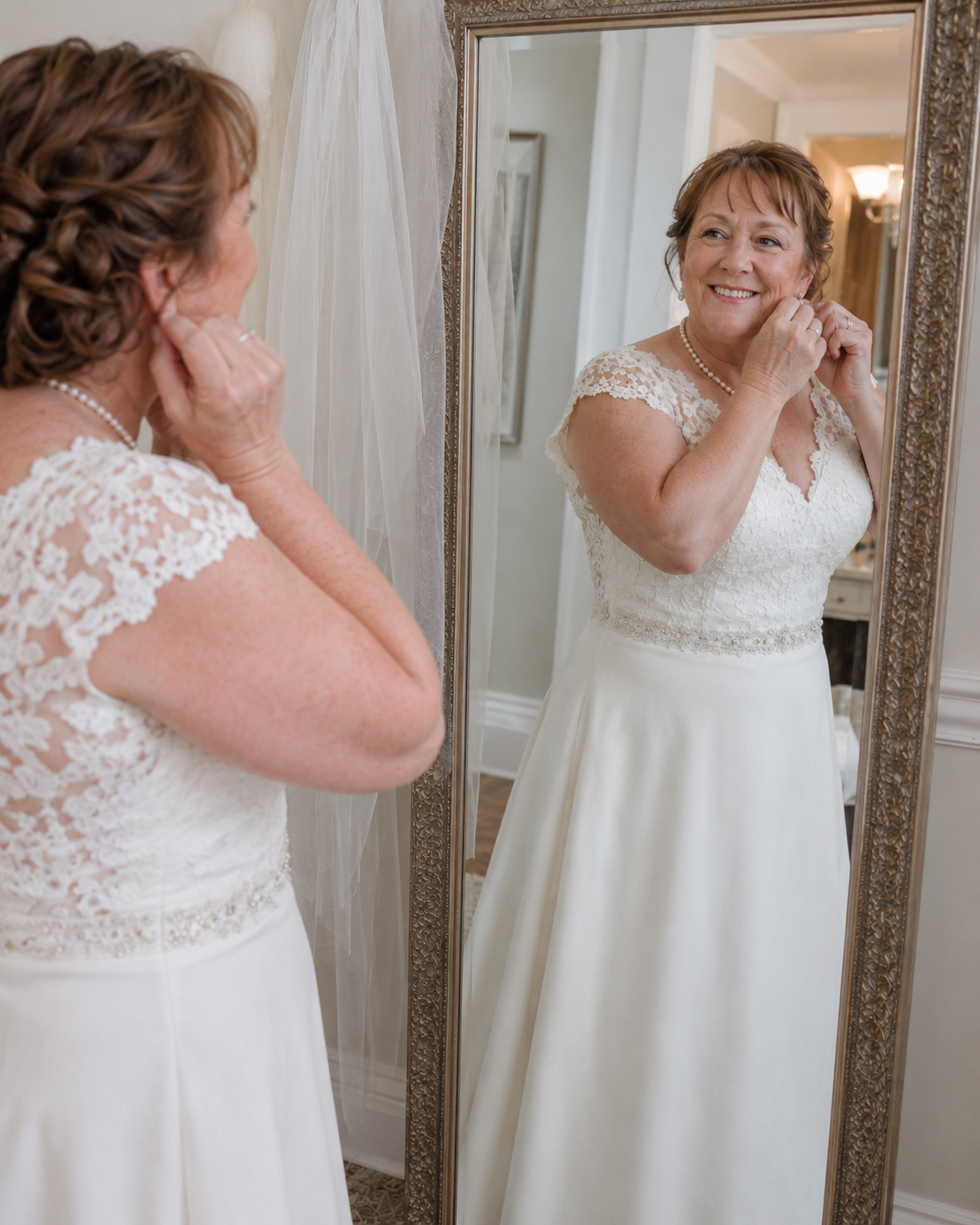 Bride in white lace wedding gown adjusting earrings while looking in ornate gold mirror.