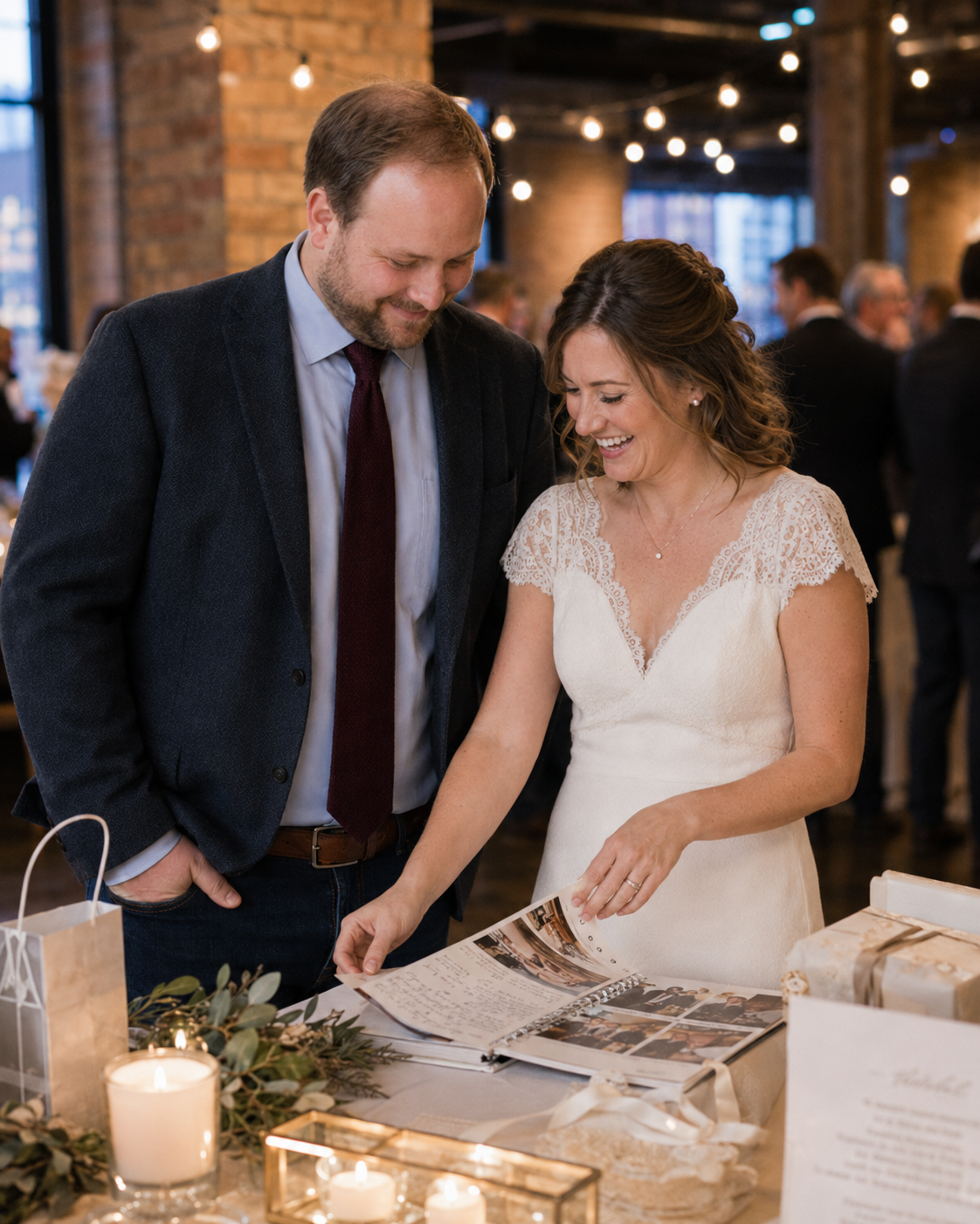 Bride and groom smiling while reviewing wedding album at reception table with candles and greenery.