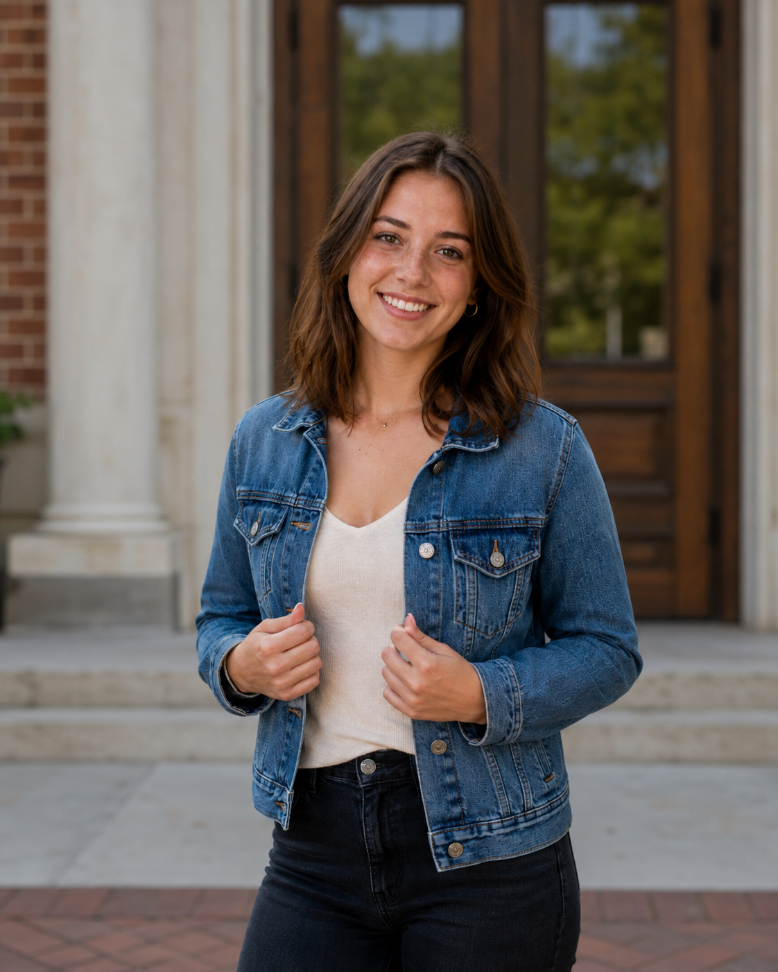Smiling young woman in a denim jacket and white top posing in front of a brick building with columns.