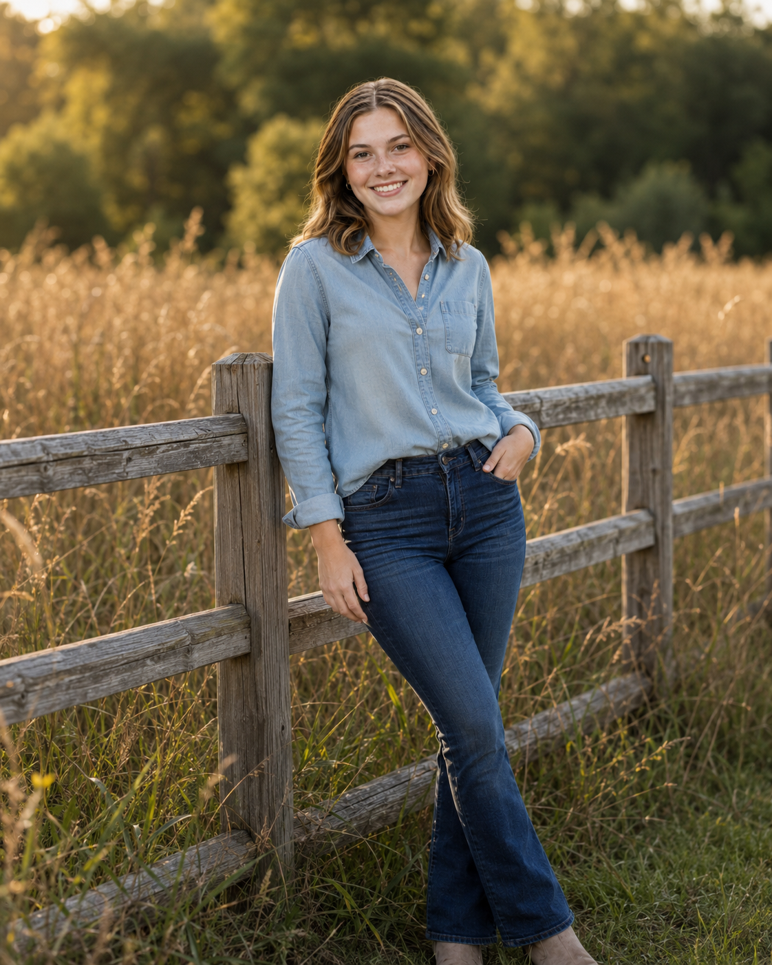 Young woman in chambray shirt and flare jeans leaning on rustic fence in golden field at sunset.