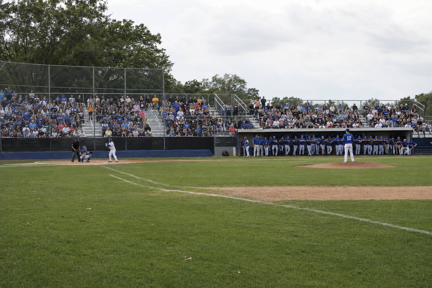 Packed baseball stadium with fans watching a game on a sunny day with lush green outfield.