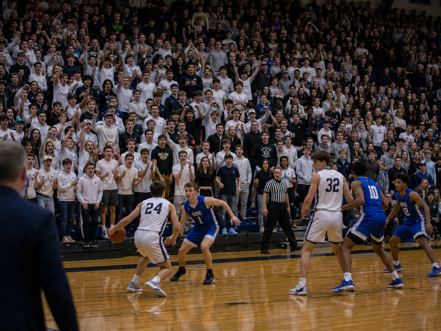 Basketball players compete on court as an energetic crowd cheers in a packed gymnasium.