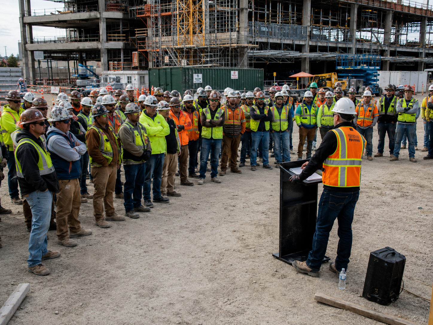 Construction site supervisor addresses large crowd of workers in PPE gear at an outdoor safety meeting.