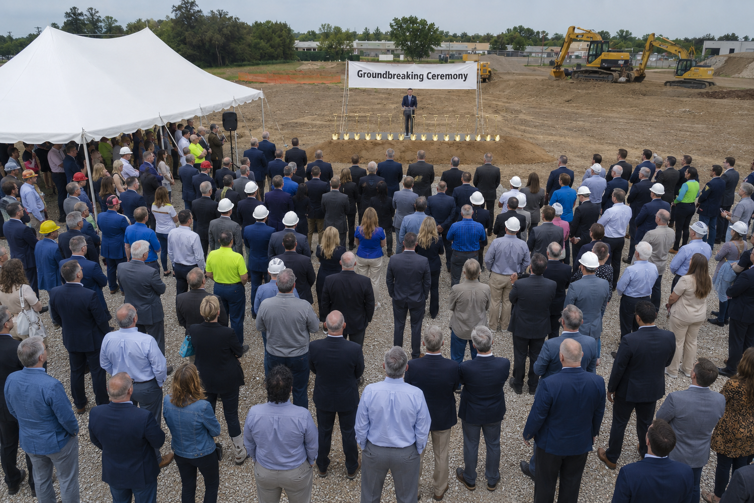 Large crowd attends outdoor groundbreaking ceremony on construction site with tent and excavator in background.