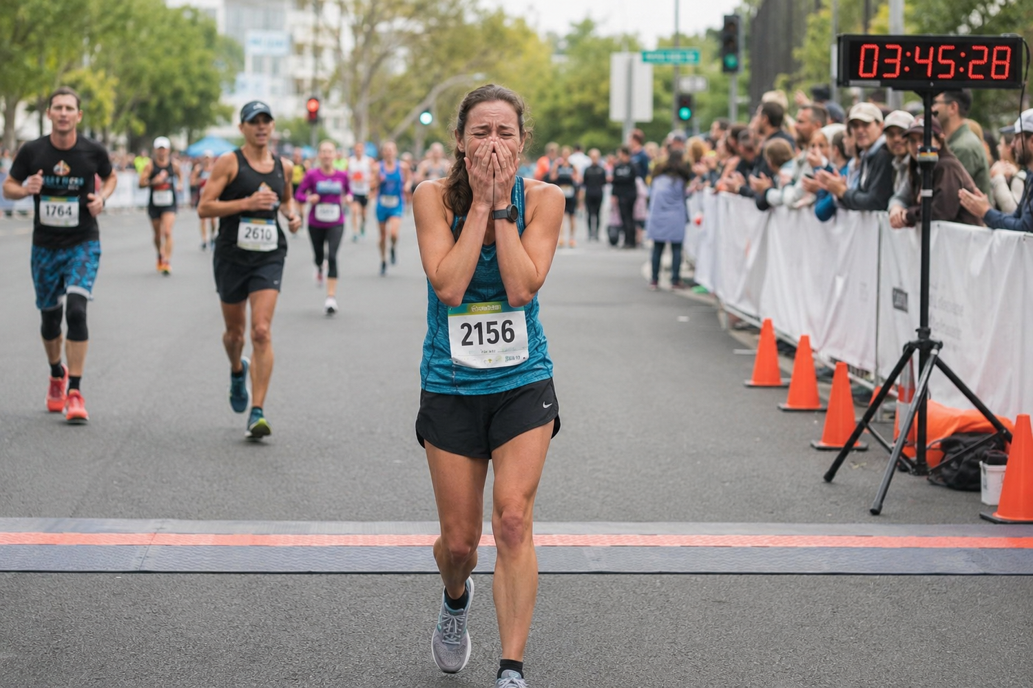 Woman crosses marathon finish line at 3:45:28 with hands over mouth in emotional celebration.