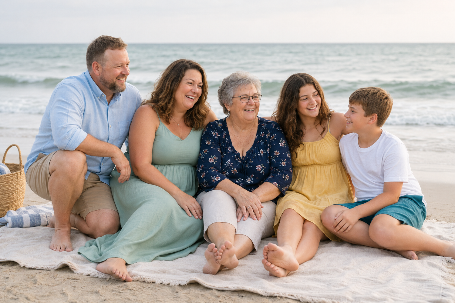 Extended family of five smiling together on a beach blanket with ocean waves behind them.