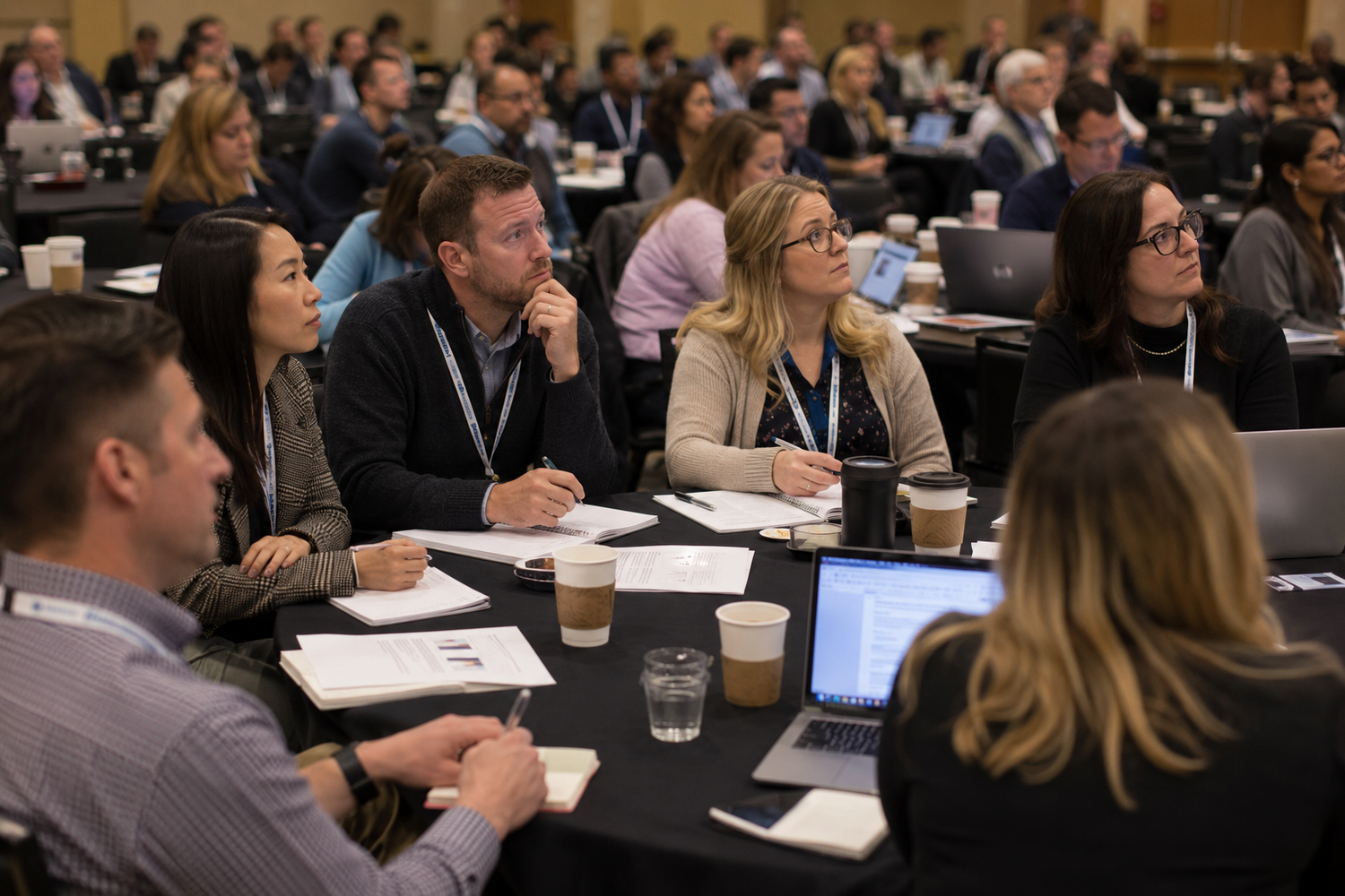 Professionals attentively listening at a corporate conference, seated at round tables with notebooks and coffee.