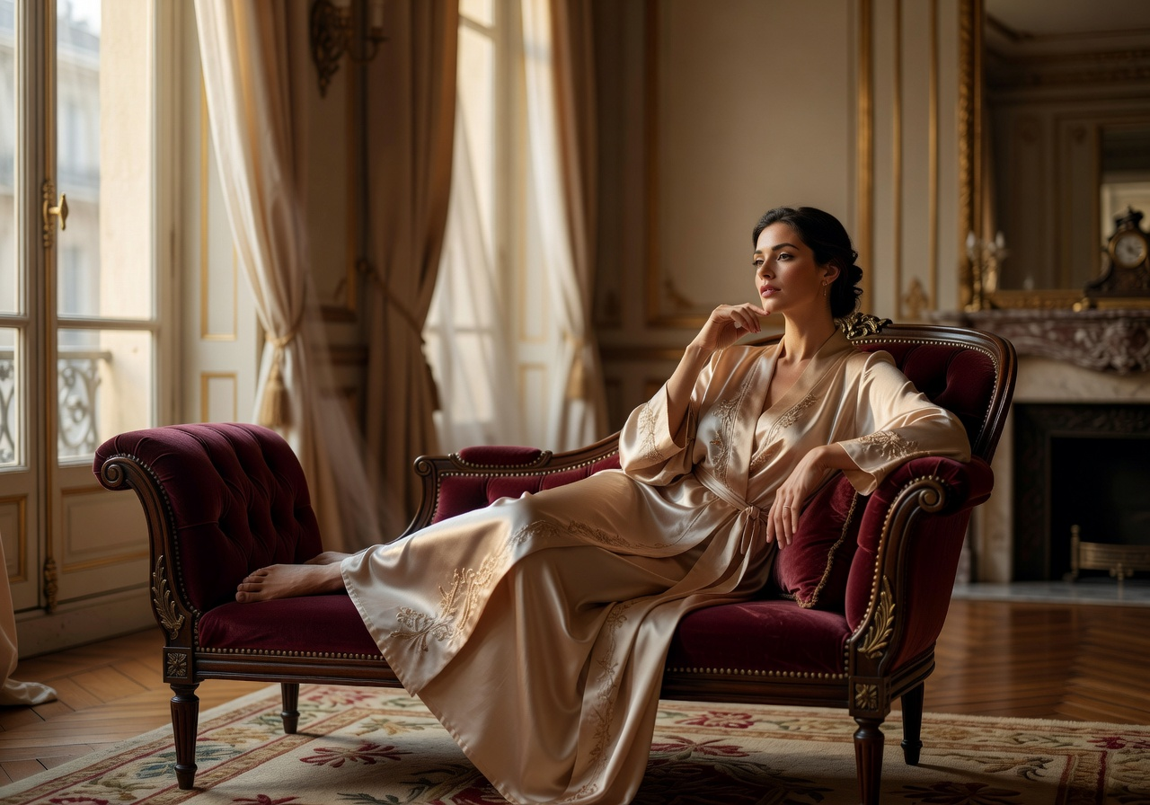 A woman in an elegant silk gown reclines gracefully on a velvet chaise lounge in a luxurious Parisian-style room.