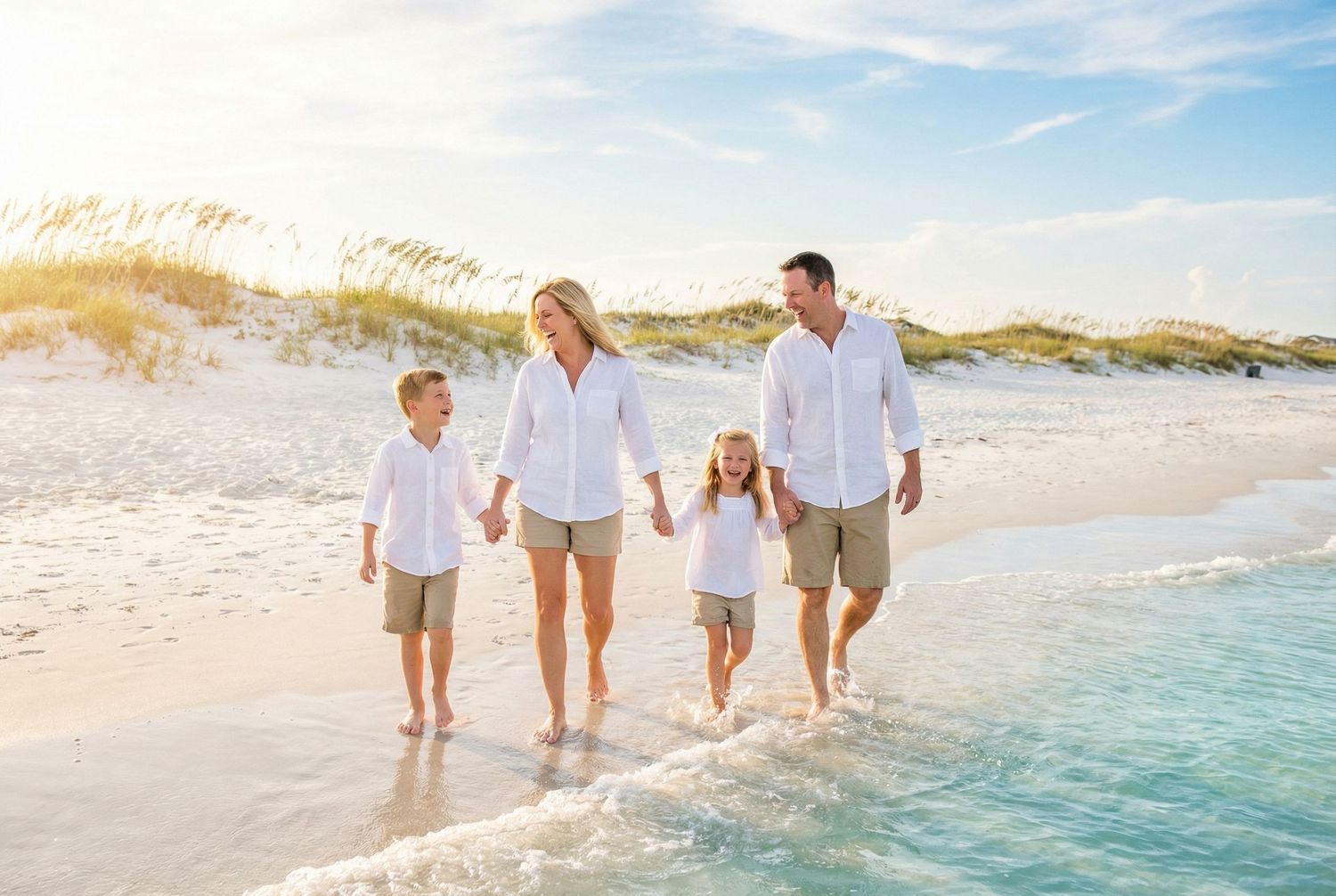 A family in white clothing walks together along a pristine beach with turquoise waters and sandy dunes in the background.