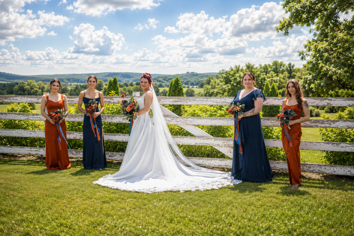 Bride in white gown with four bridesmaids in navy and rust dresses holding bouquets by a fence with scenic countryside views.