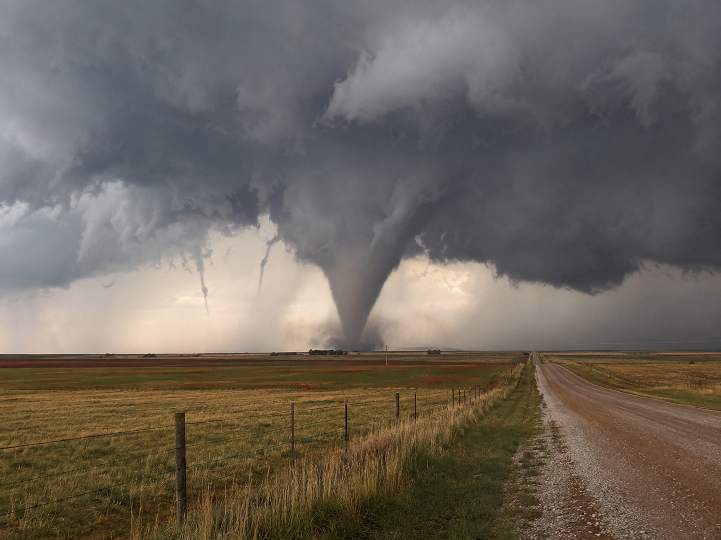 Two massive tornadoes touch down simultaneously over flat rural farmland under dark stormy skies near a dirt road.