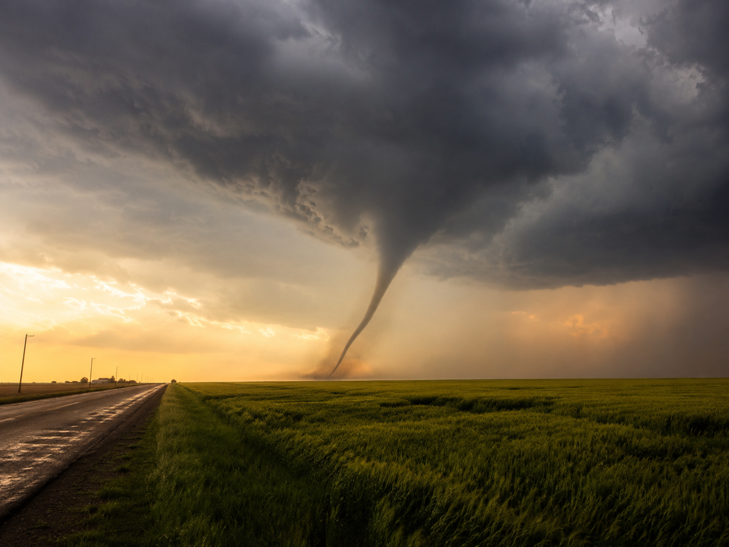 A massive tornado touches down over lush green fields at sunset with dramatic storm clouds and a rural road nearby.
