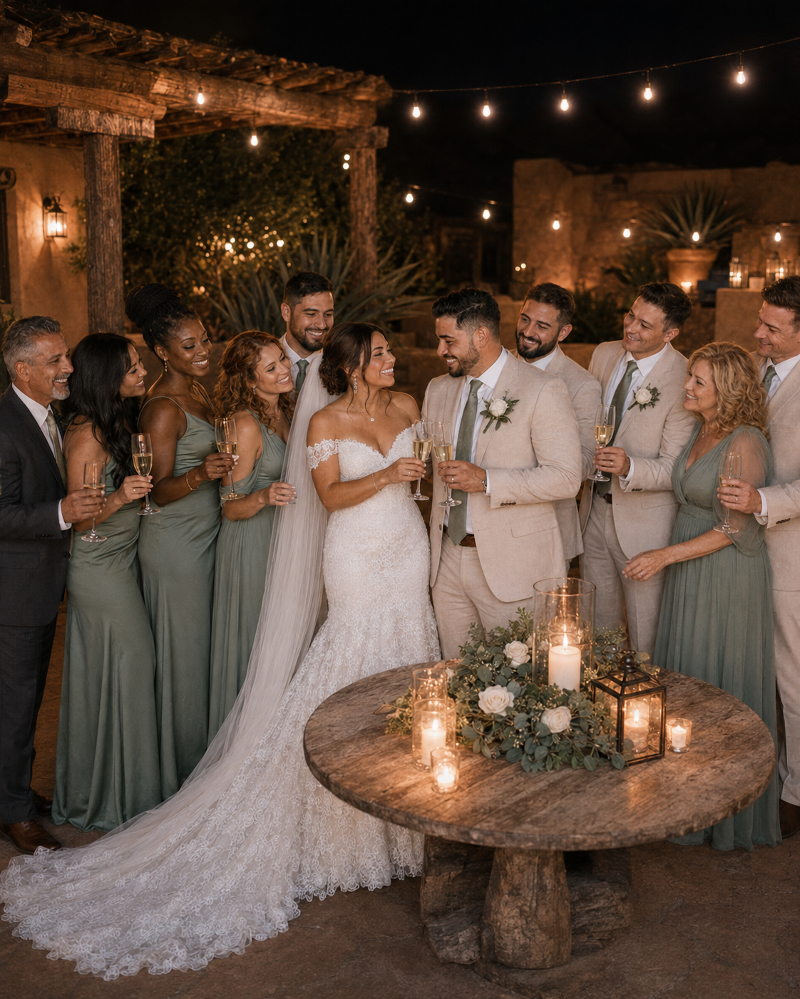 Bride and groom celebrate with wedding party holding champagne around candlelit rustic table.