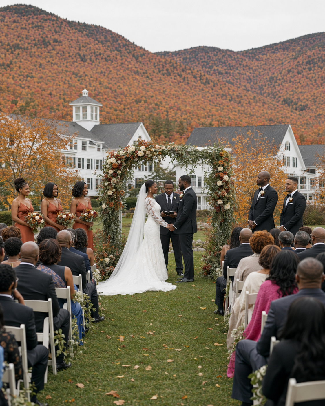 Outdoor fall wedding ceremony with floral arch, couple exchanging vows, guests seated, and colorful autumn mountains in background.